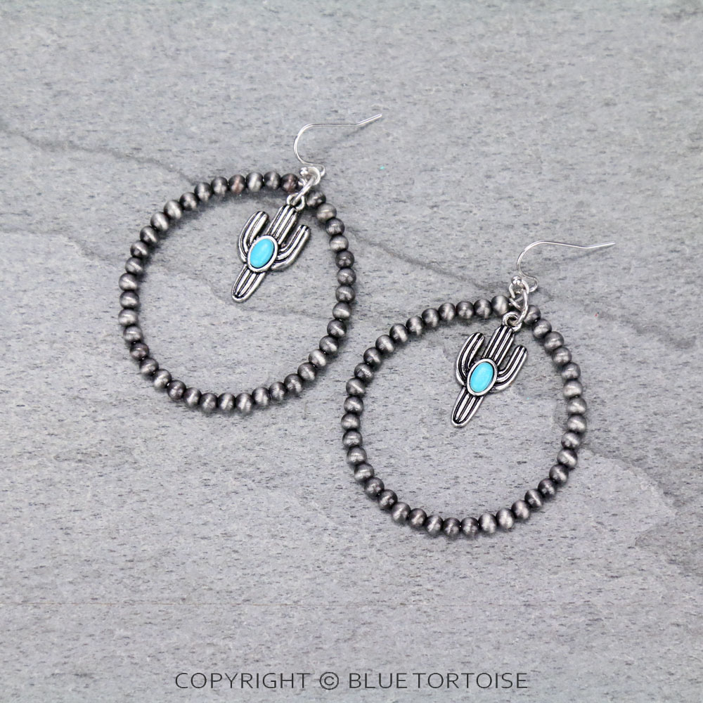 Navajo Style Pearl with Cactus Charm Dangle Earrings