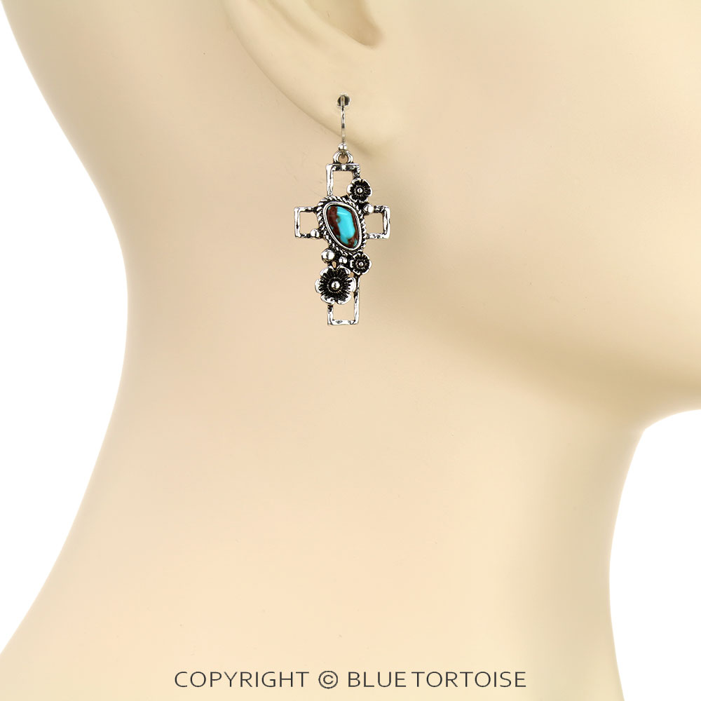 Western Flower Cross Dangle Earrings - Image 2