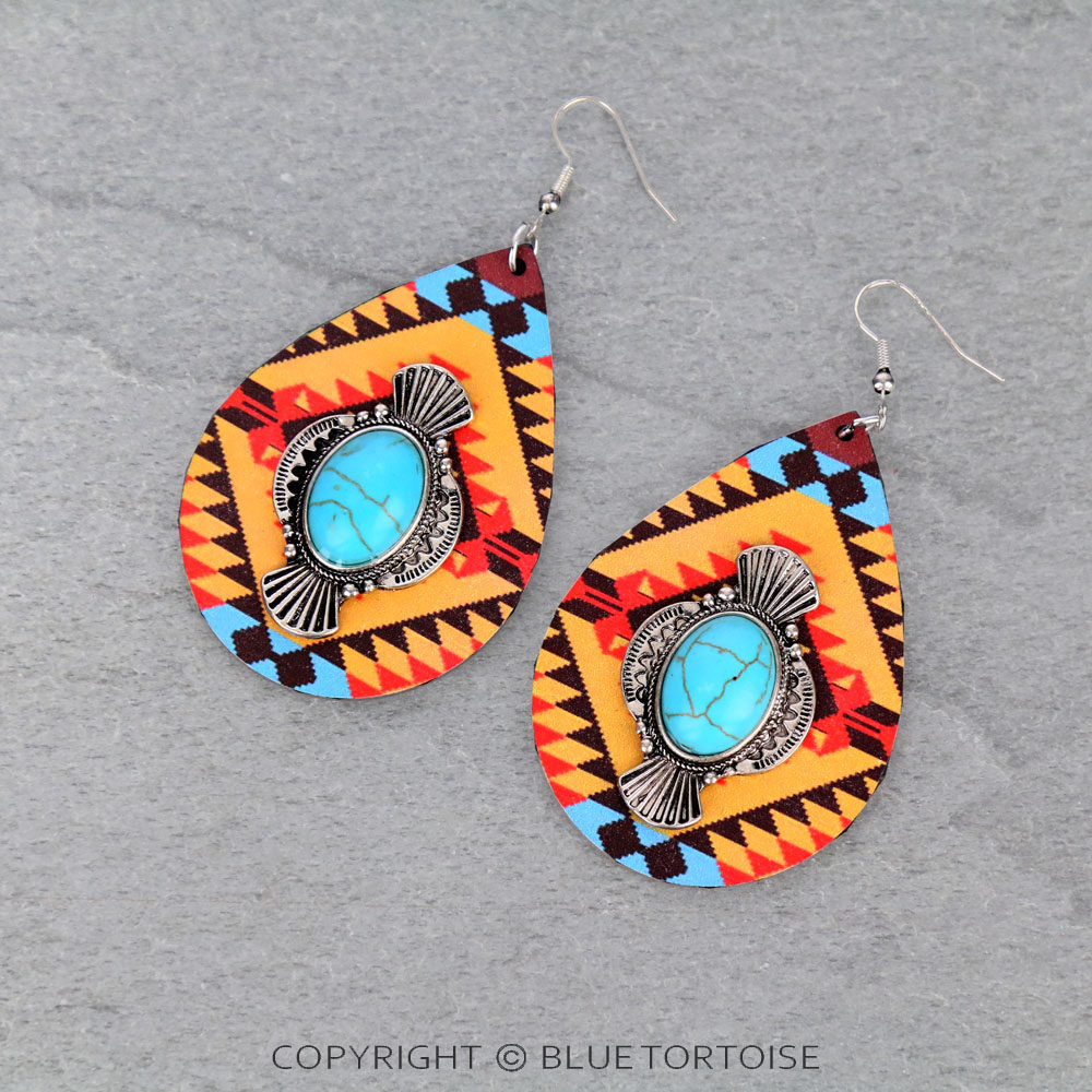 Wooden Teardrop Western Design Dangle Earrings