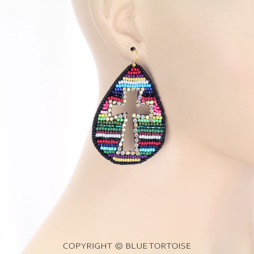 Seed Bead Cross Dangle Earrings - Image 2