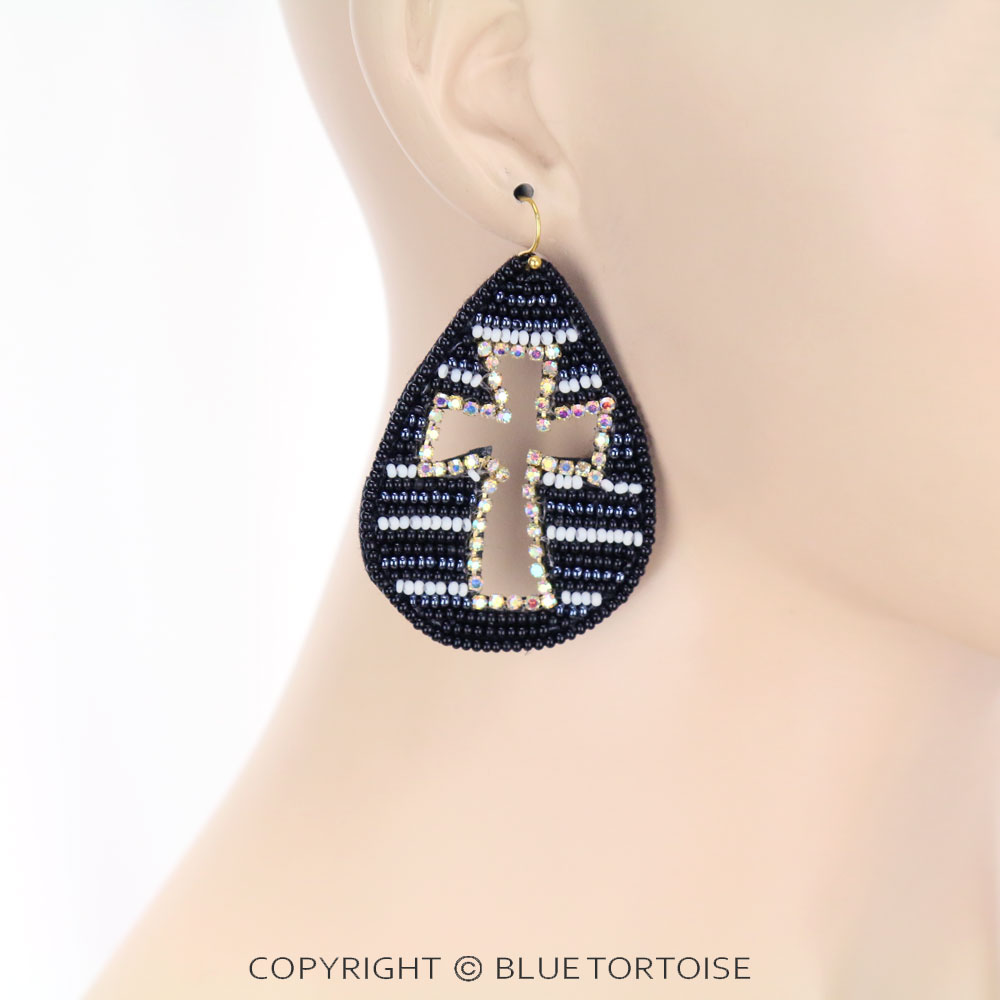 Seed Bead Cross Dangle Earrings - Image 2