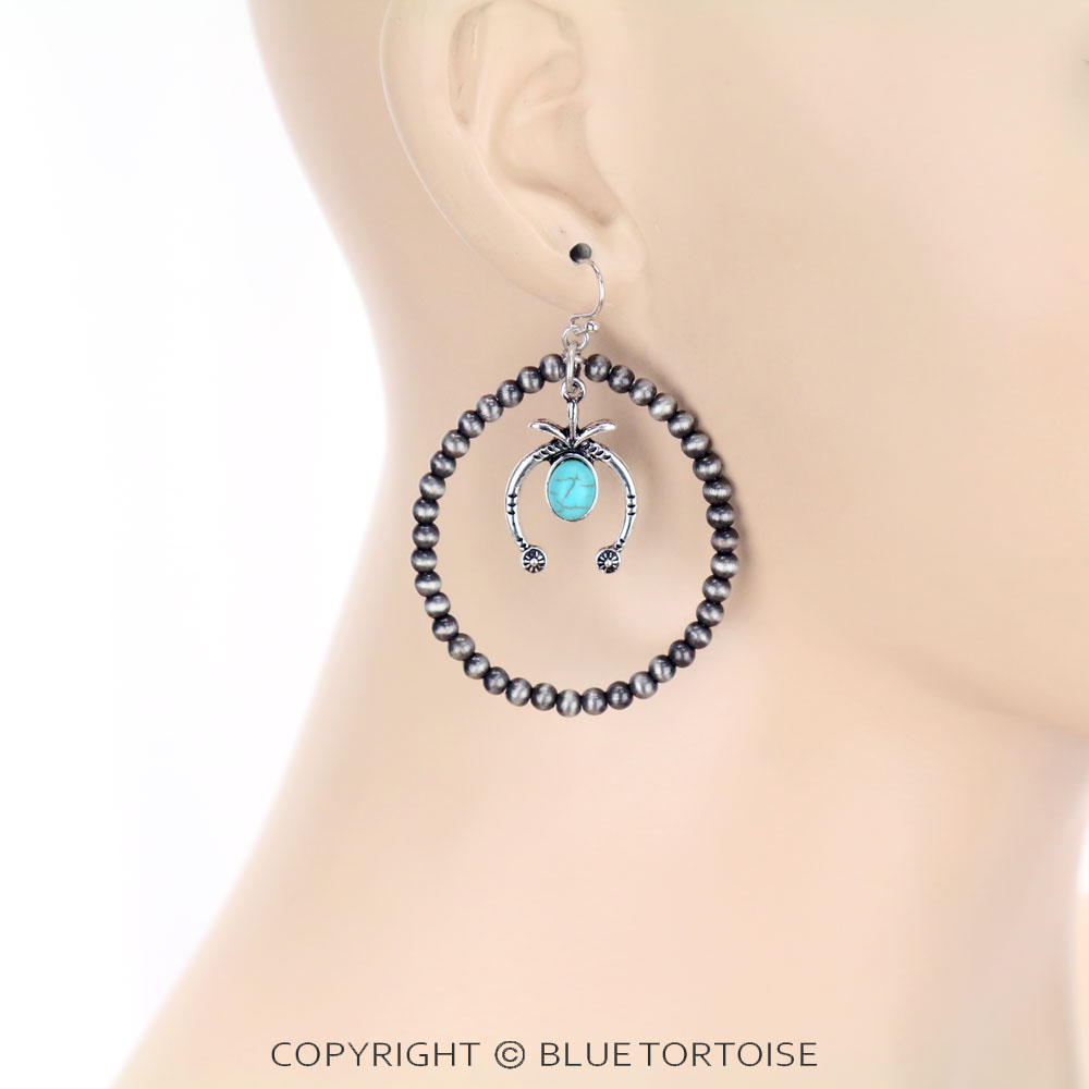 Navajo Style Pearl with Squash Blossom Charm Dangle Earrings - Image 2