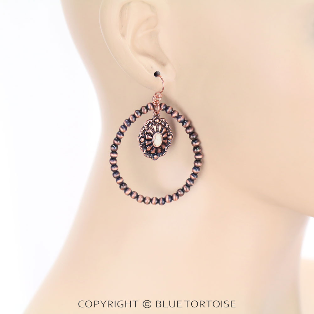 Navajo Style Pearl with Concho Charm Dangle Earrings - Image 2