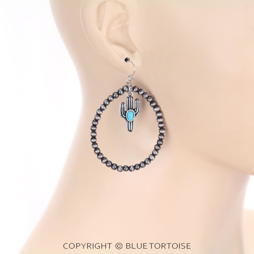 Navajo Style Pearl with Cactus Charm Dangle Earrings - Image 2