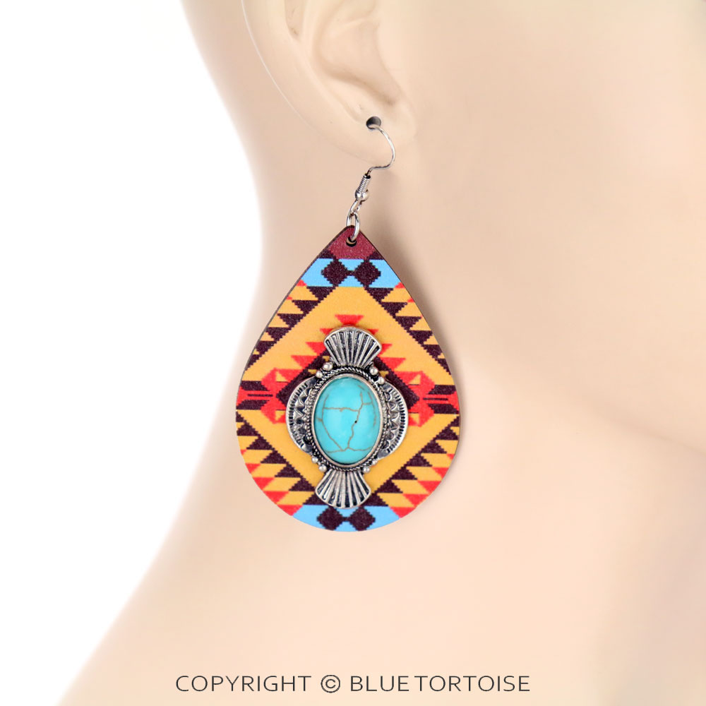 Wooden Teardrop Western Design Dangle Earrings - Image 2