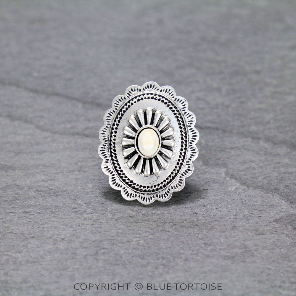 Boho Concho Natural White Stone Adjustable Ring with Double Band