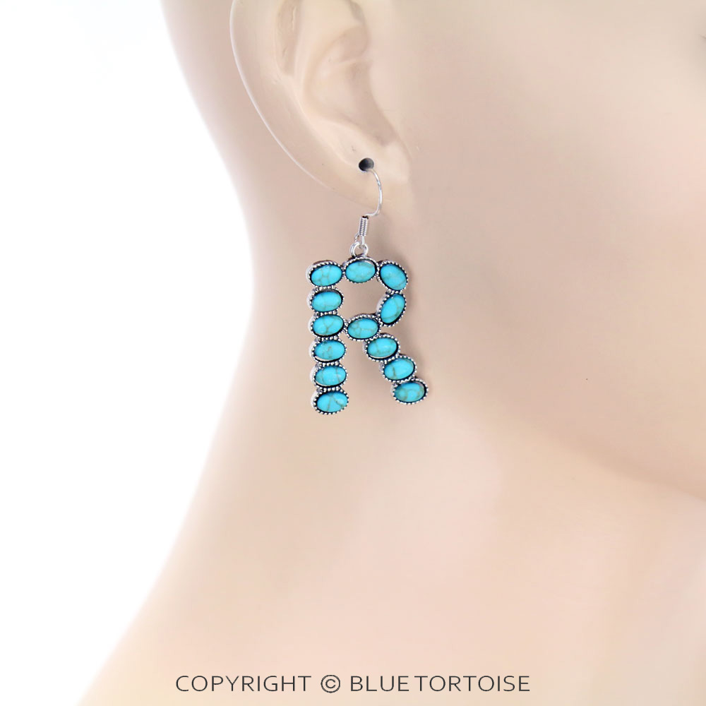 Initial "R" Stone Dangle Earrings - Image 2