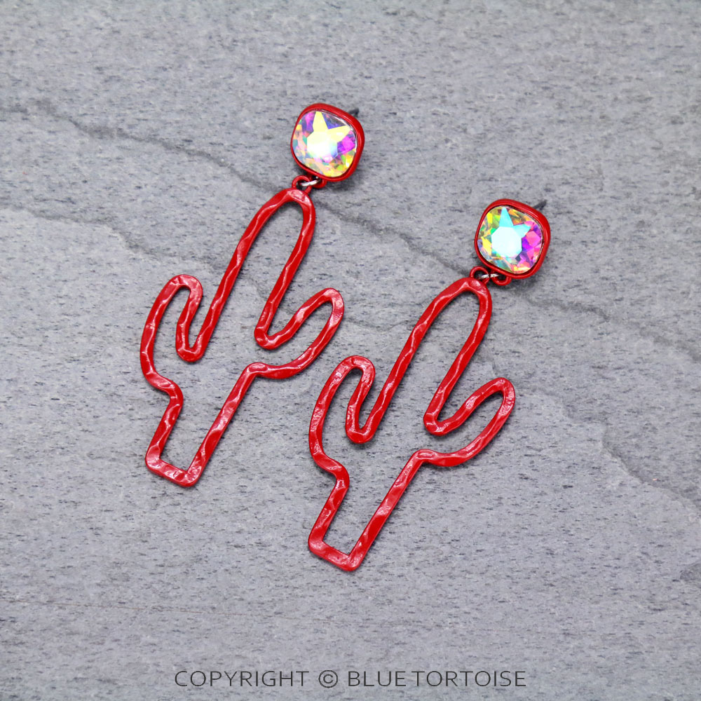 Cactus with Glass Stone Stud Earrings