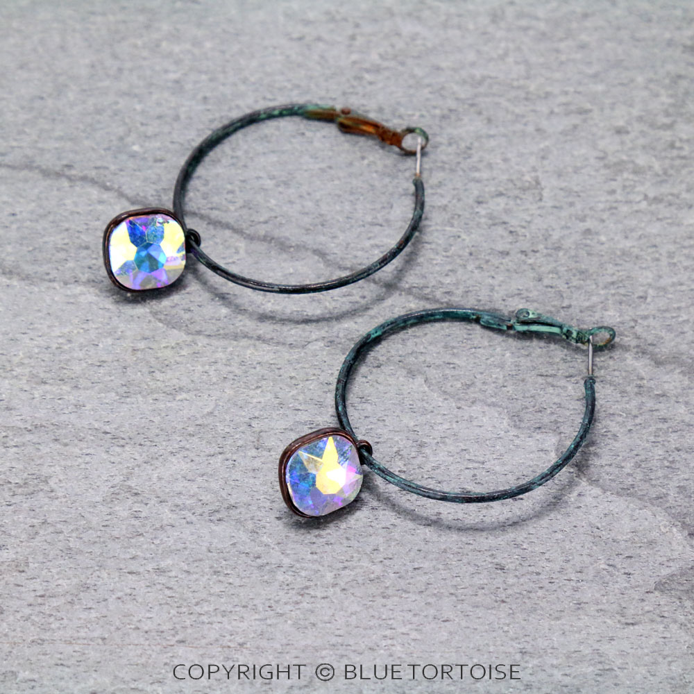 Glass Stone Dangle Hoop Earrings