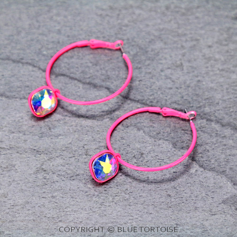 Glass Stone Dangle Hoop Earrings