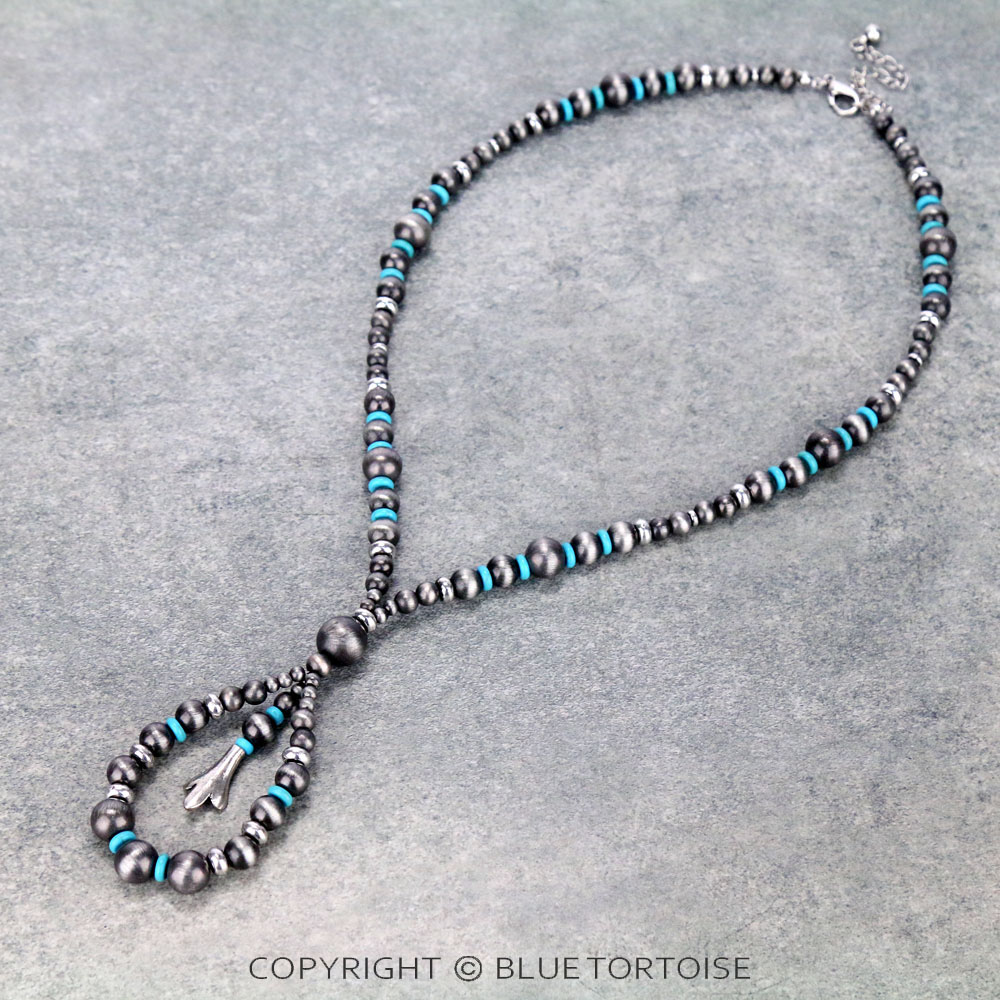 Western Navajo Style Pearl with Single Squash Blossom Necklace
