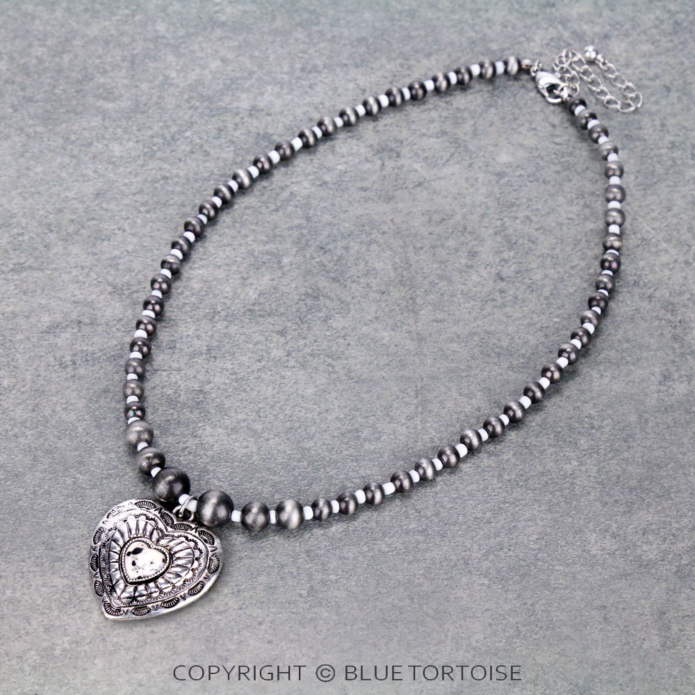 Western Navajo Style Pearl with Heart Pendant Necklace