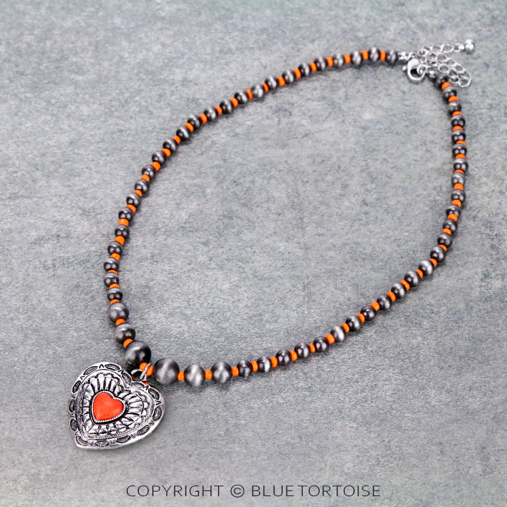 Western Navajo Style Pearl with Heart Pendant Necklace