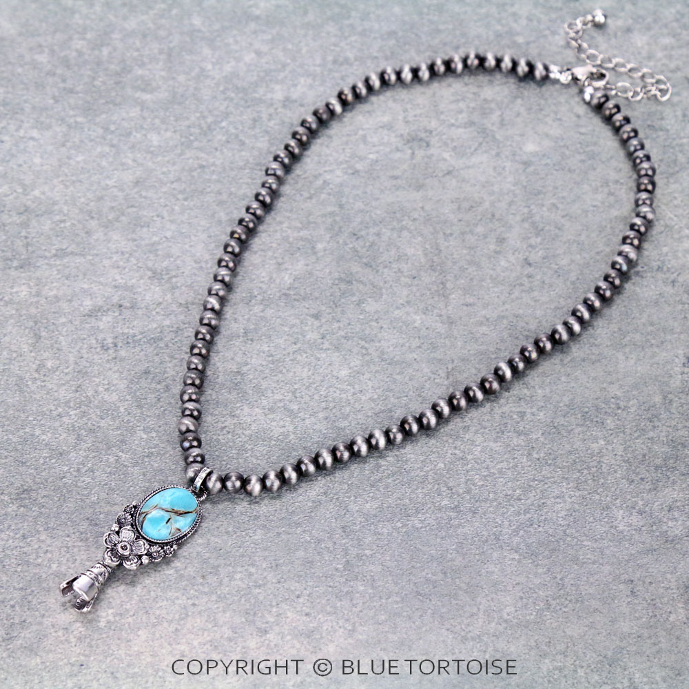 Western Navajo Style Pearl with Single Squash Blossom Pendant Necklace