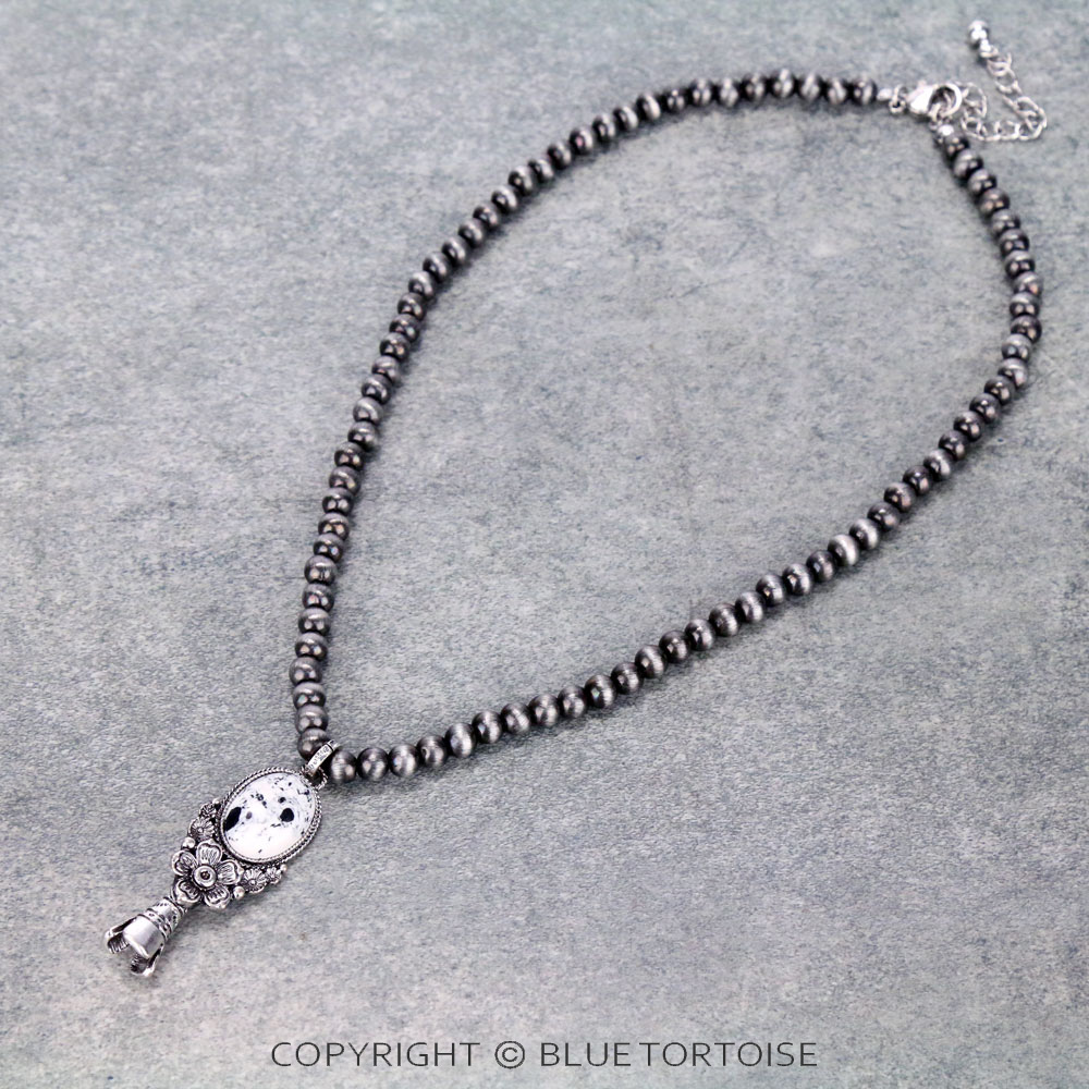Western Navajo Style Pearl with Single Squash Blossom Pendant Necklace