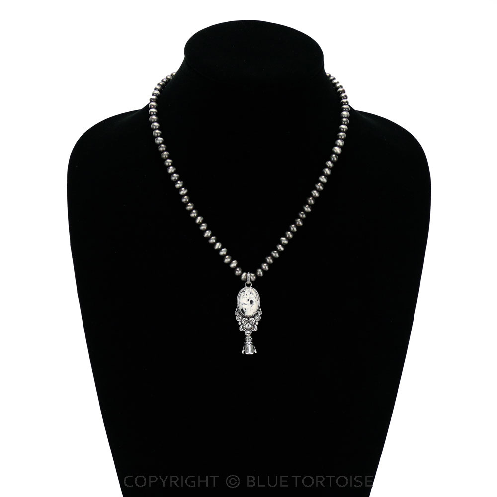 Western Navajo Style Pearl with Single Squash Blossom Pendant Necklace - Image 2