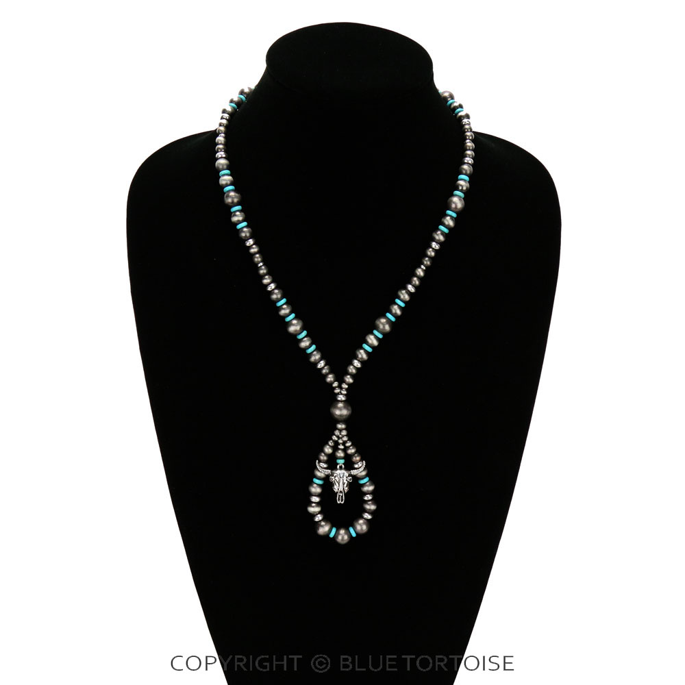 Western Navajo Style Pearl with Steer Skull Necklace - Image 2