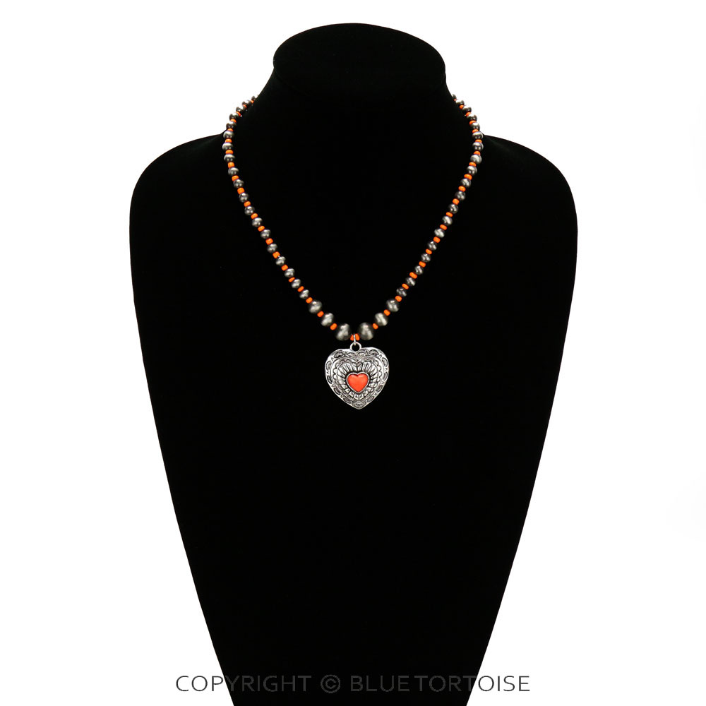 Western Navajo Style Pearl with Heart Pendant Necklace - Image 2