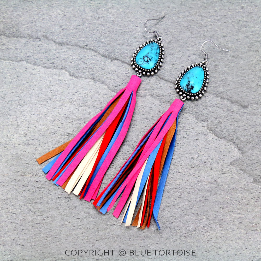 Stone with Leather Tassel Dangle Earrings