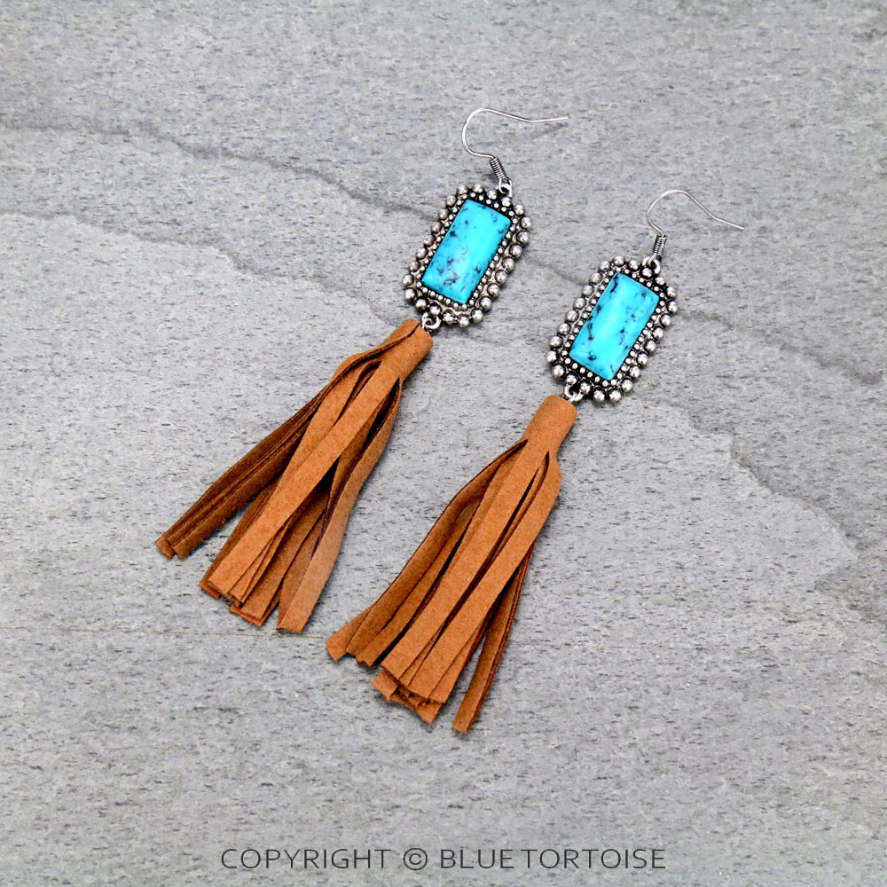 Stone with Leather Tassel Dangle Earrings