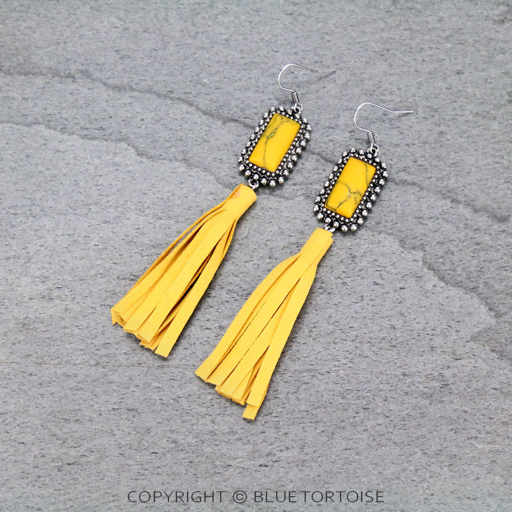 Stone with Leather Tassel Dangle Earrings