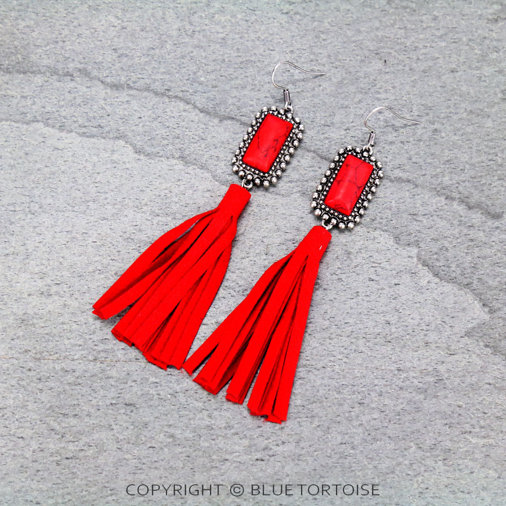 Stone with Leather Tassel Dangle Earrings