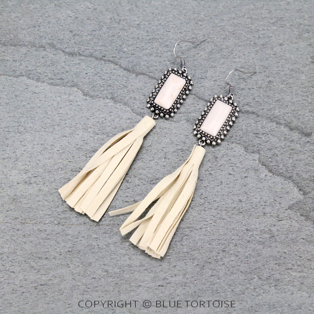Stone with Leather Tassel Dangle Earrings
