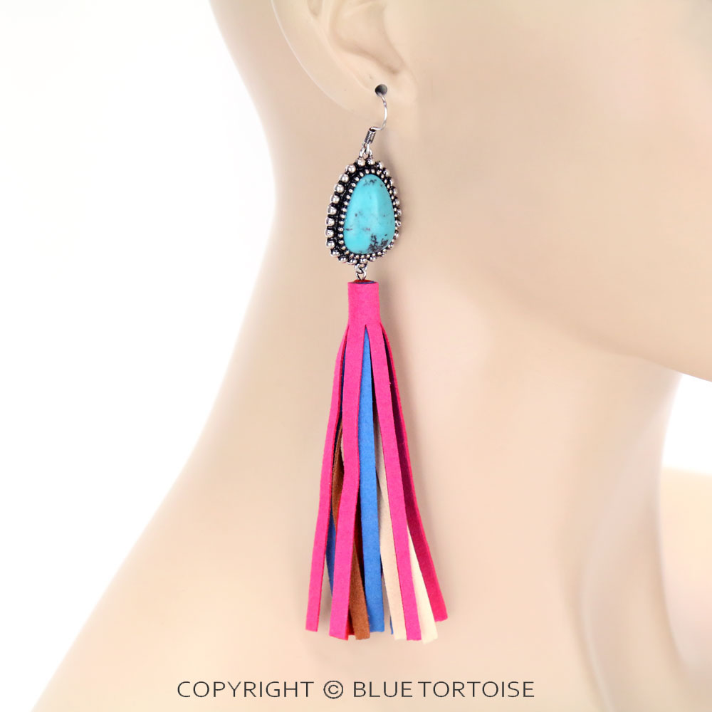 Stone with Leather Tassel Dangle Earrings - Image 2