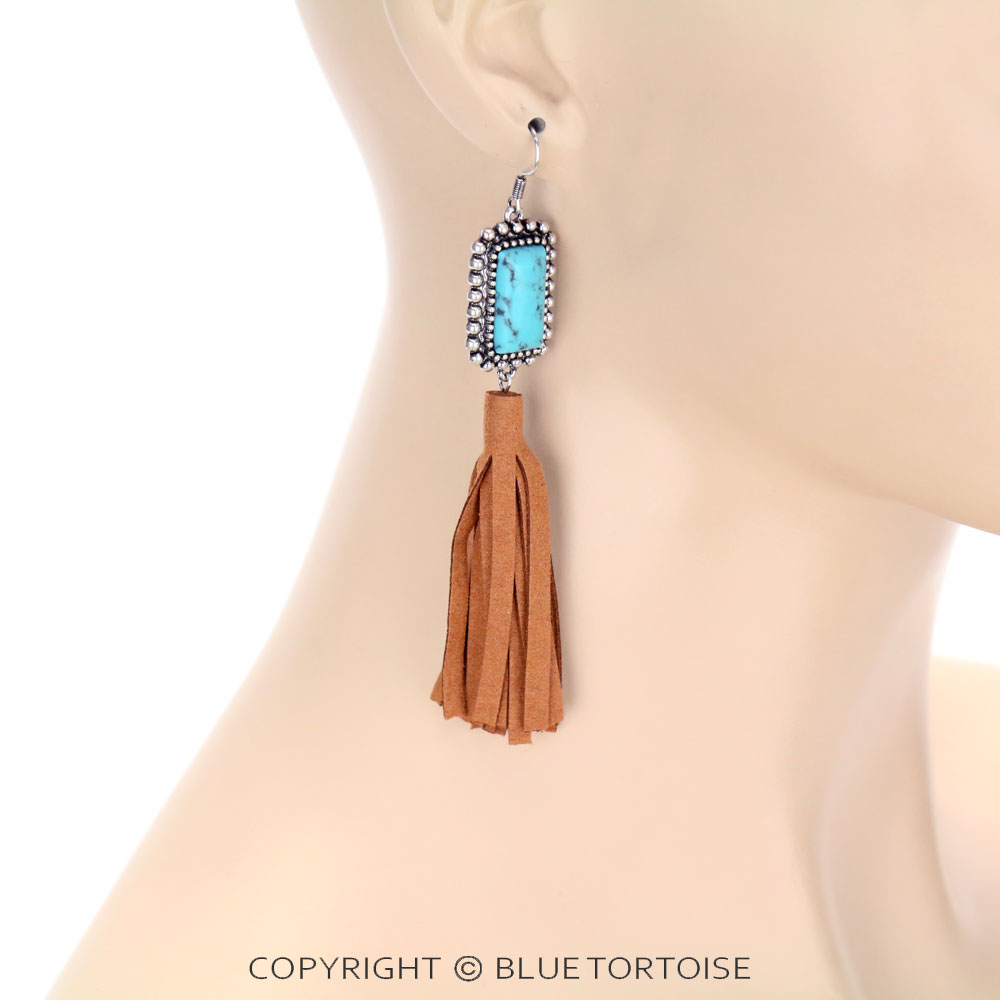 Stone with Leather Tassel Dangle Earrings - Image 2
