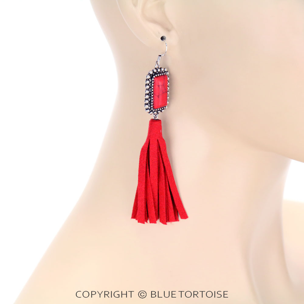 Stone with Leather Tassel Dangle Earrings - Image 2