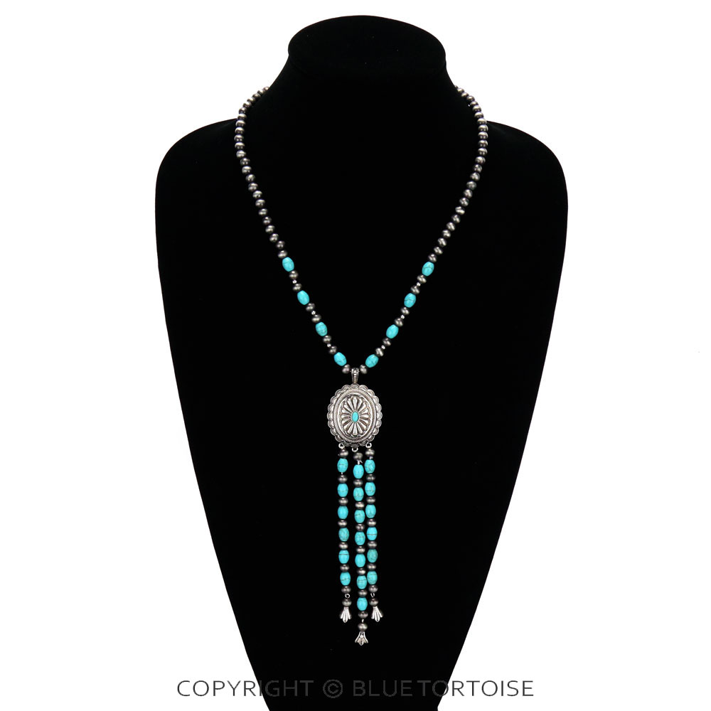 Concho Pendant with Bead Tassel Necklace - Image 2