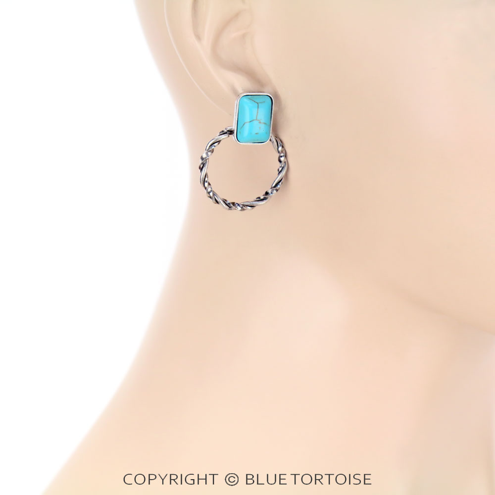 Rectangle Stone Hoop Stud Earrings - Image 2