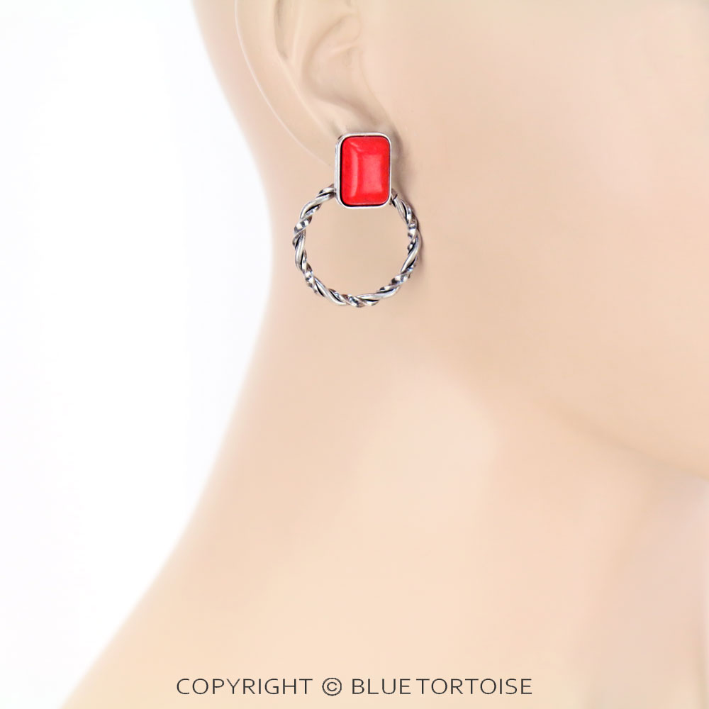 Rectangle Stone Hoop Stud Earrings - Image 2