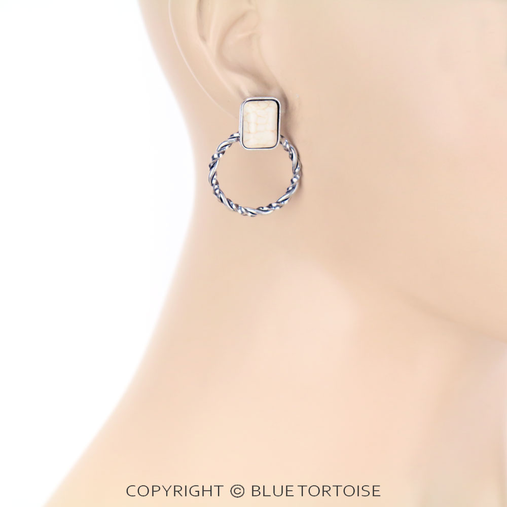 Rectangle Stone Hoop Stud Earrings - Image 2