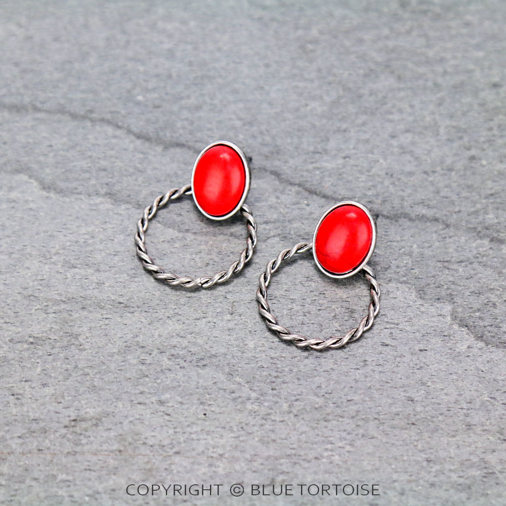 Oval Stone Hoop Stud Earrings