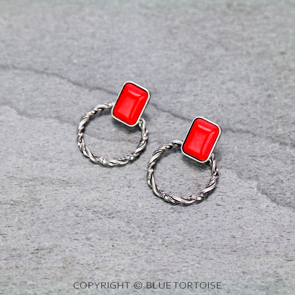 Rectangle Stone Hoop Stud Earrings