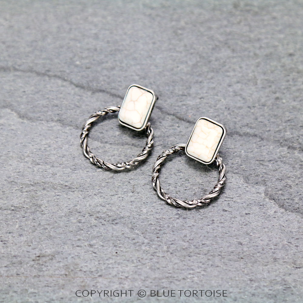 Rectangle Stone Hoop Stud Earrings