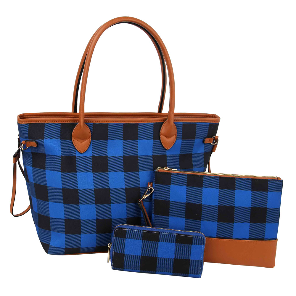 Blue Buffalo Plaid Handbag with extra pouch and wallet
