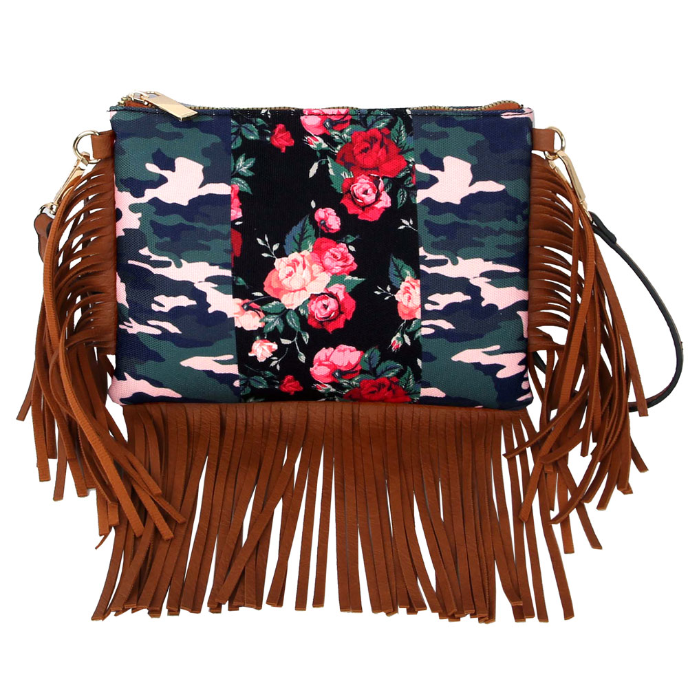 Flower and Camouflage Printed with Tassel Crossbody Bag