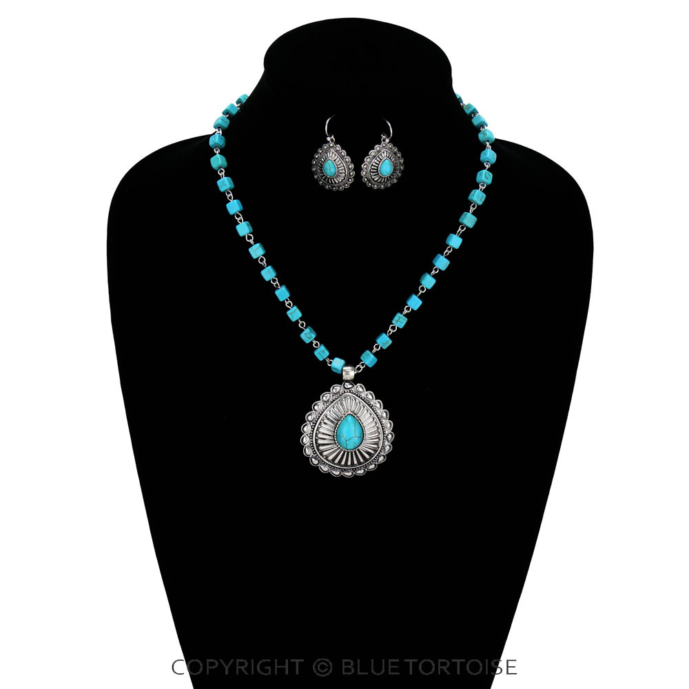 Western Concho Teardrop with Semi Stone Necklace Set - Image 2