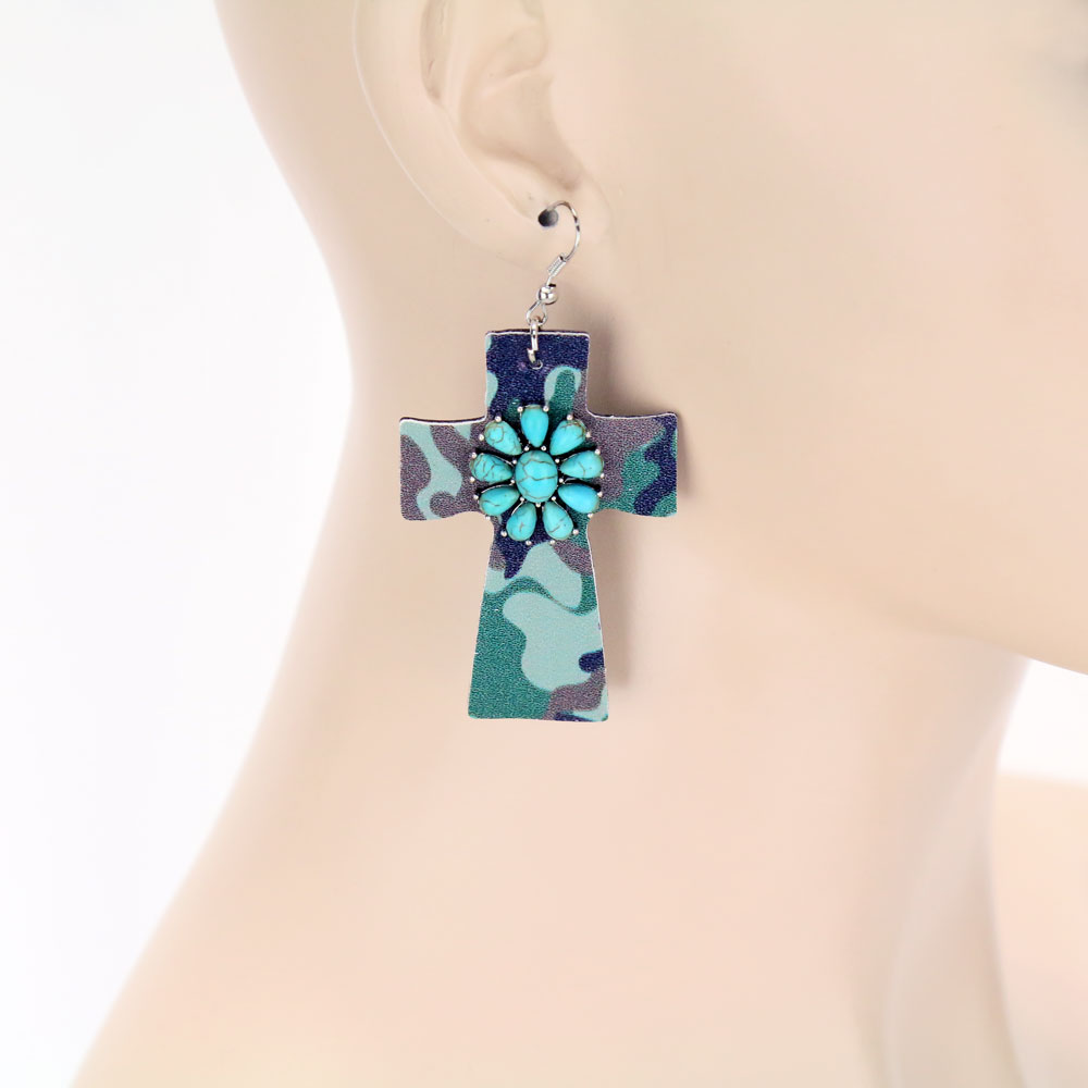 Western Leather Cross with Stone Fish Hook Earrings - Image 2
