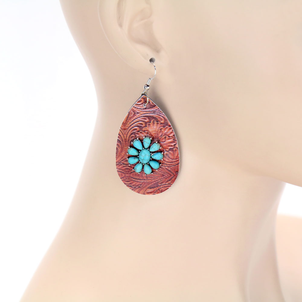 Western Leather Teardrop with Stone Fish Hook Earrings - Image 2