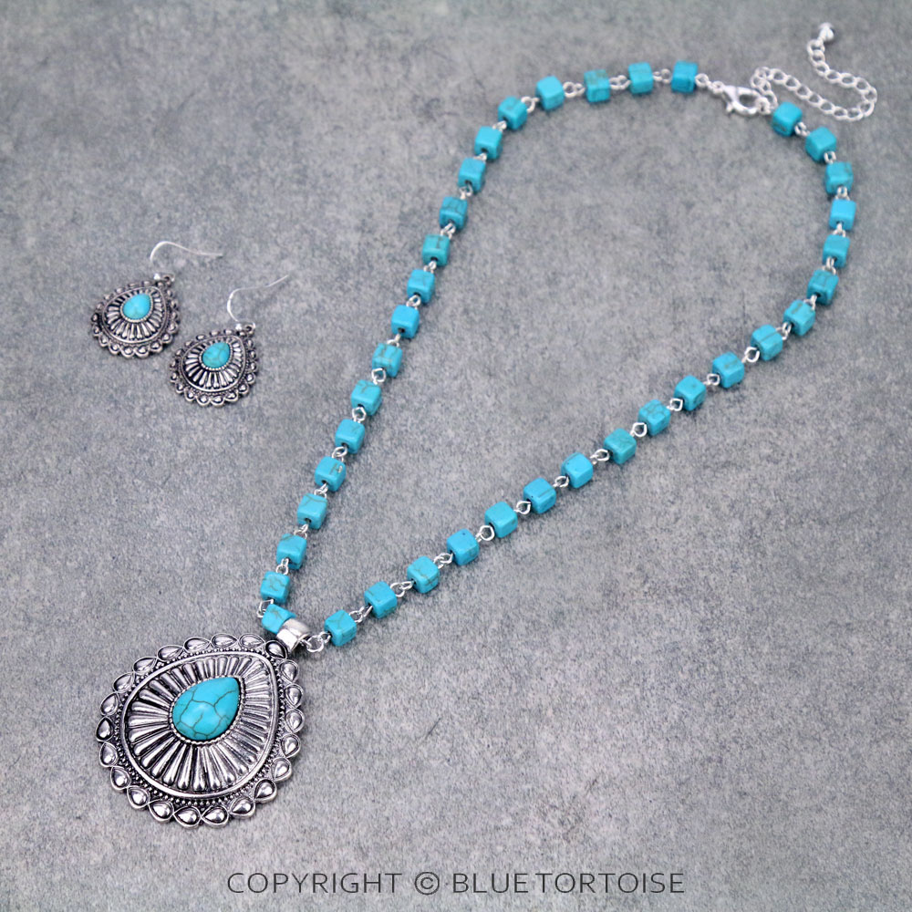 Western Concho Teardrop with Semi Stone Necklace Set