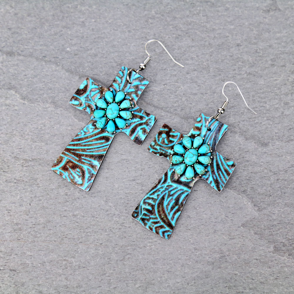 Western Leather Cross with Stone Fish Hook Earrings