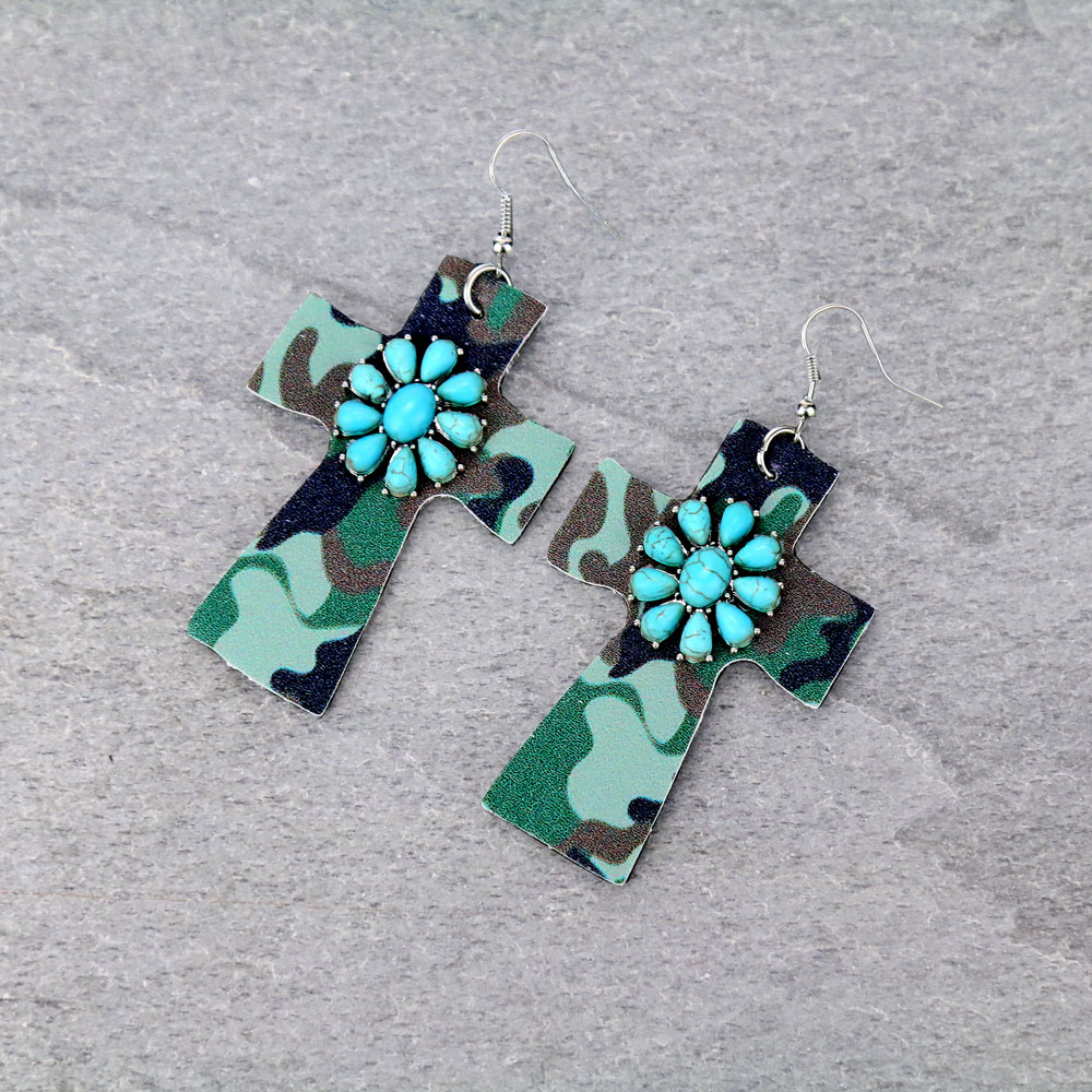 Western Leather Cross with Stone Fish Hook Earrings