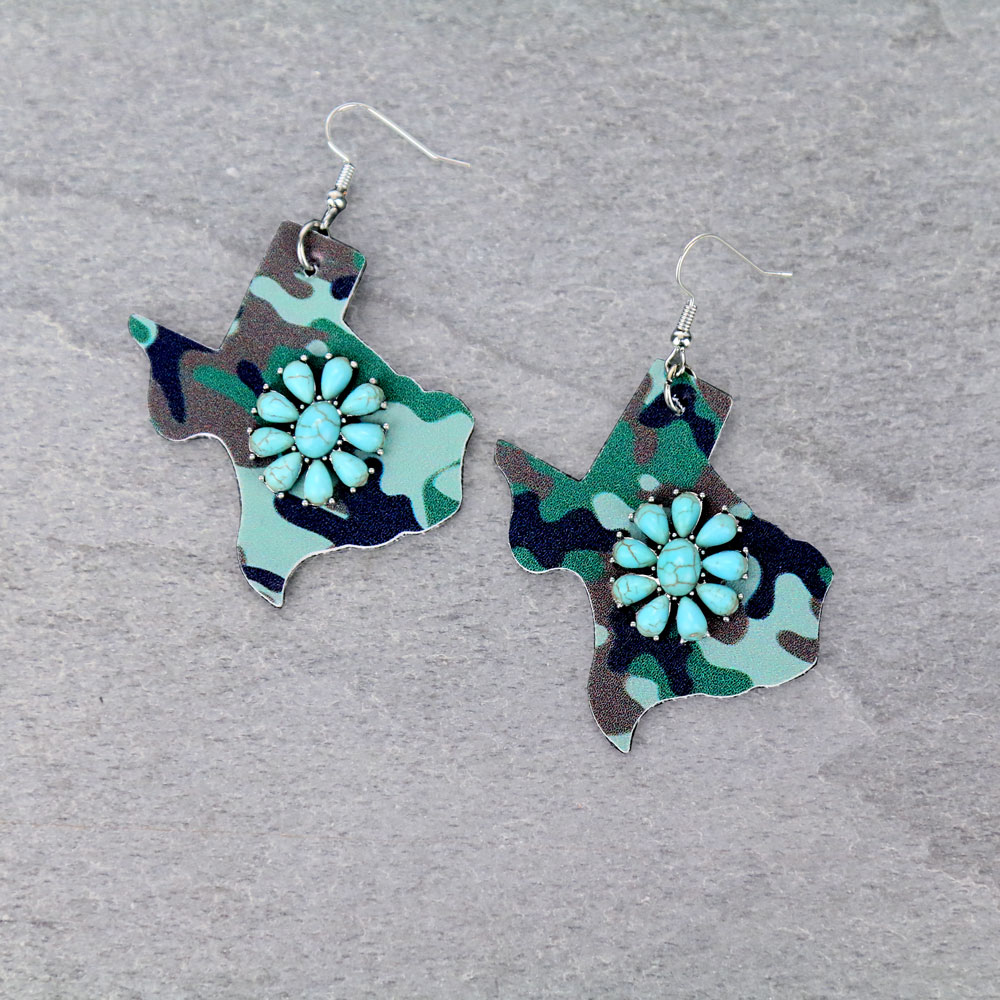 Western Leather Texas Map with Stone Fish Hook Earrings