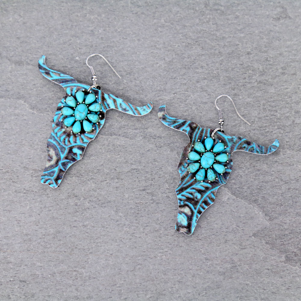 Western Leather Steer Head with Stone Fish Hook Earrings
