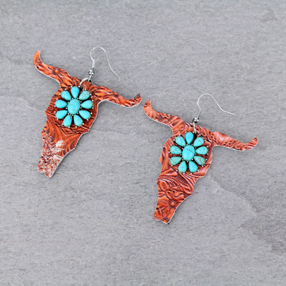 Western Leather Steer Head with Stone Fish Hook Earrings