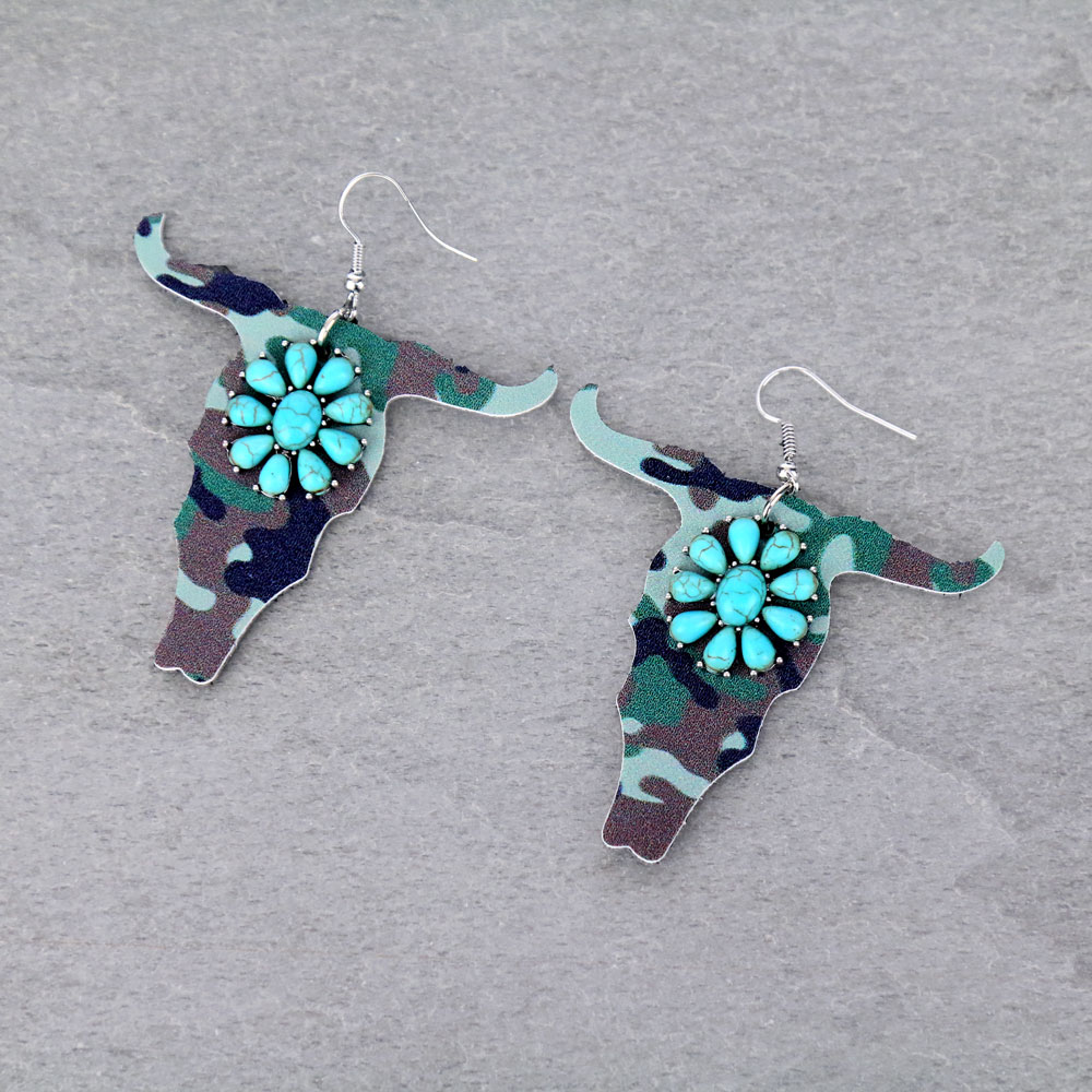Western Leather Steer Head with Stone Fish Hook Earrings