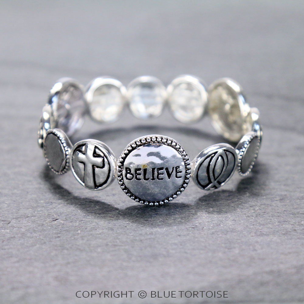 Inspiration Hammered "Believe, Blessed, Faith" Stretch Bracelet